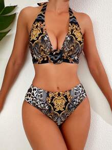 SHEIN Swim 女士性感全印花吊带比基尼上衣和下装套装夏季 - 彩色 - 查看 3