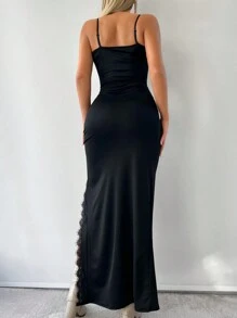 Eyelash Lace Trim Split Thigh Cami Dress - màu đen - Xem 2