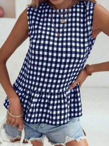 SHEIN LUNE 女士格纹荷叶边下摆无袖衬衫荷叶边上衣