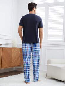 男士格紋印花家居服套裝 - 藏蓝色 - 查看 2