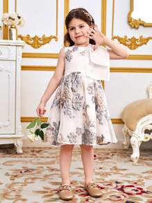 SHEIN Young Girl Leisure Round Neck Bow Decor & Bowknot Print Patchwork Dress - White - View 5