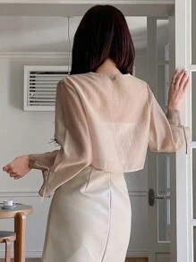 DAZY Áo cánh công sở rộng rãi buộc dây phía trước dài tay mùa thu cho nữ - Màu Khaki - Xem 2