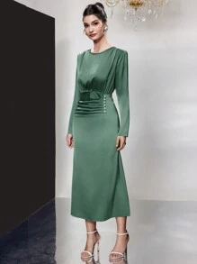 Modelyn Của phụ nữ Màu thuần Xếp li Đầm Với Trân châu Đồ trang trí Đối với Thanh lịch - màu xanh lá - Xem 6