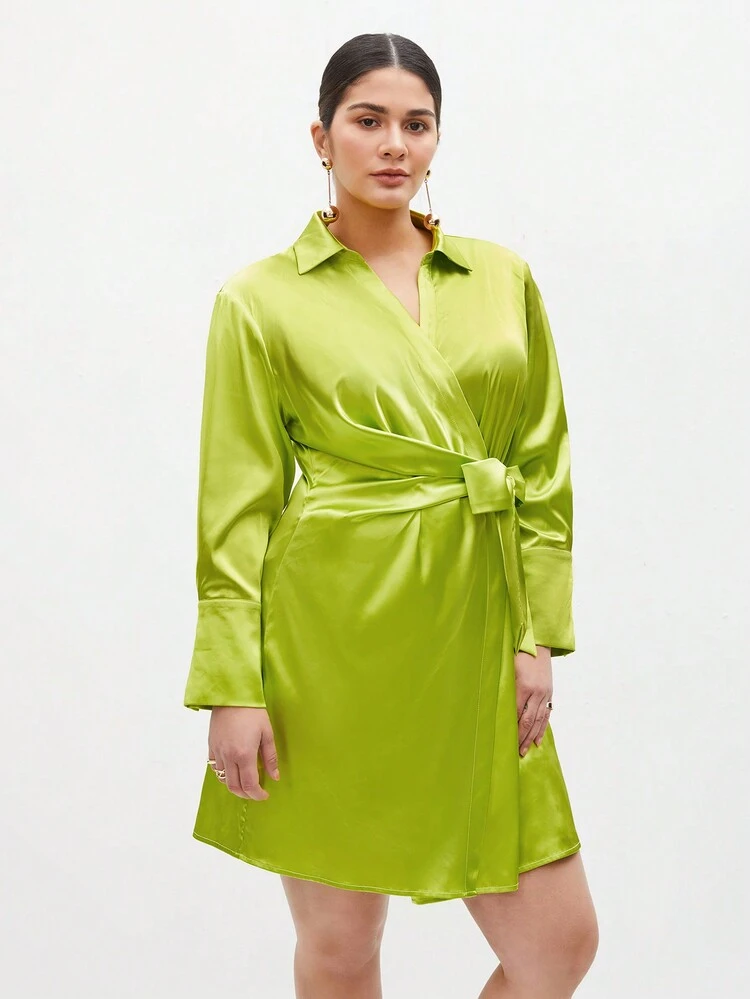 Plus Size Solid Color Turn-Down Collar Fashionable Belted Dress