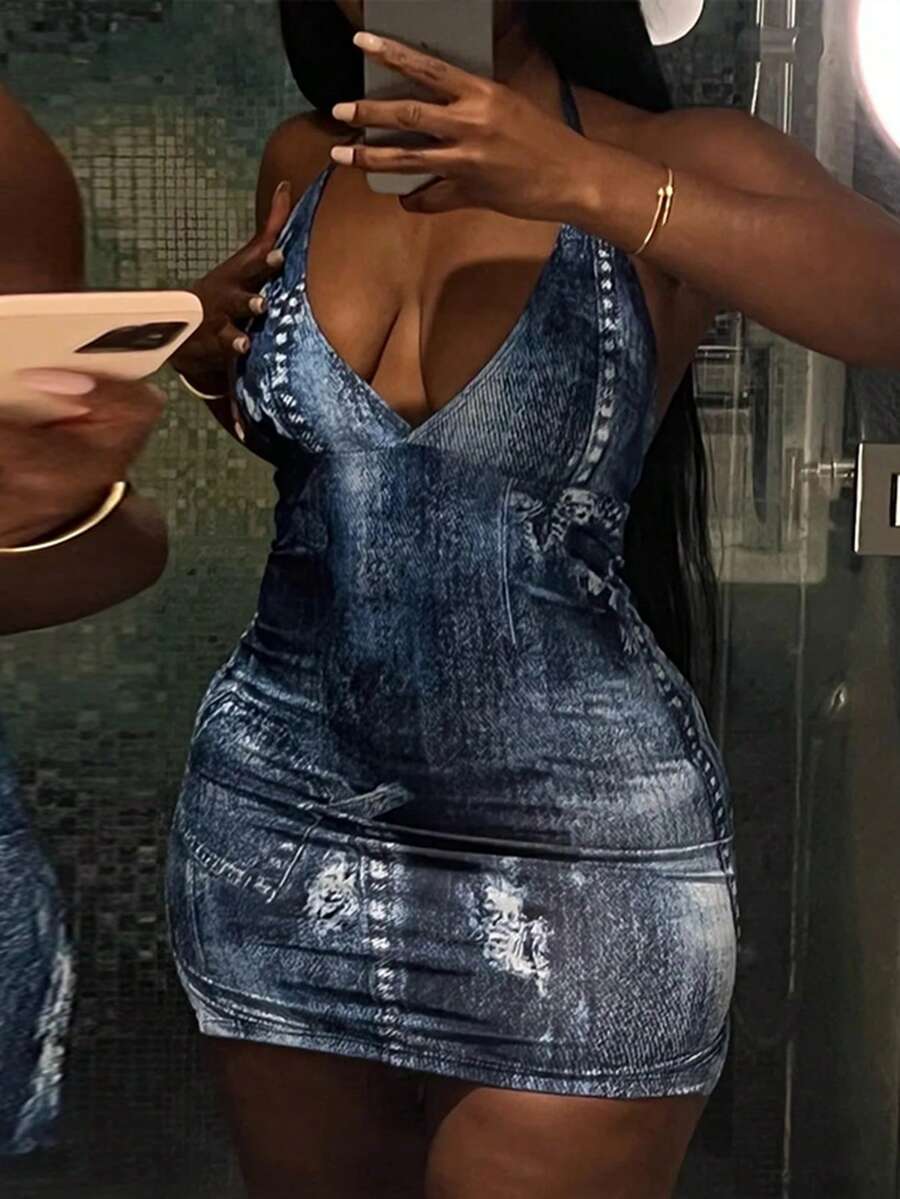 Denim-Effect Print Halter Bodycon Dress - Blue - View 1