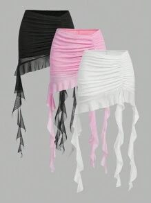 SHEIN ICON 3pcs Lưới Nhiều lớp Váy Với Rong biển Tua trang trí Và Xù Hoa Sen ( Đóng gói Của 3 ) , Váy , Mùa Xuân , Liên hoan âm nhạc Lễ hội , Thích hợp Cho mùa hè - Nhiều màu - Xem 2