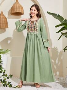 SHEIN 少女編織花卉拼布提花綑綁配飾捲邊輕便洋裝 - 綠色 - 查看 3