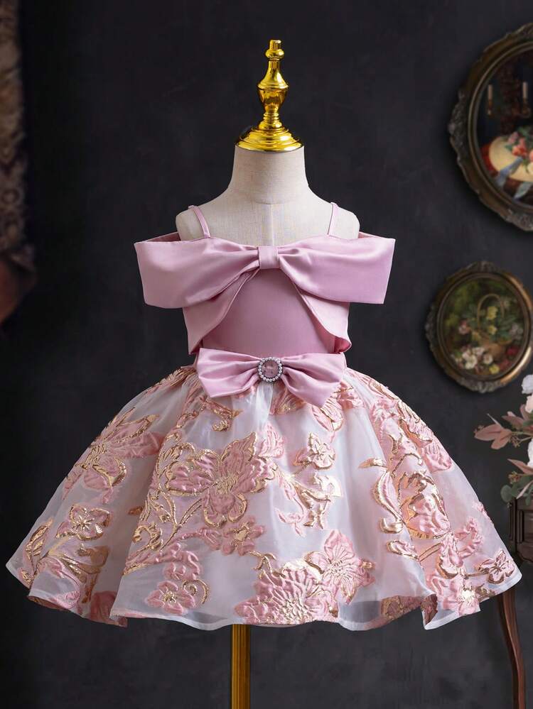 Young Girl Off-Shoulder Printed Crop Top & Jacquard Skirt Set