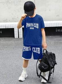 SHEIN Tween Boys' Letter Printed Short Sleeve T-Shirt And Shorts Basketball Set - Royal Blue - View 5