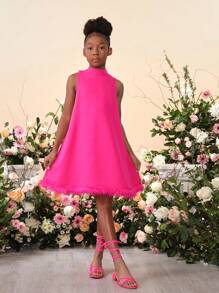 SHEIN 小姐姐的甜美又酷炫風格的純色立領無袖禮服,配以退色邊緣,日常穿著 - 玫紅色 - 查看 7