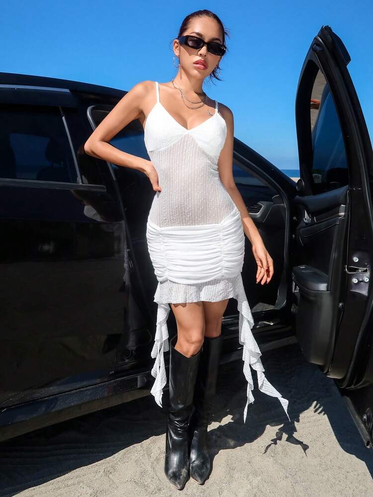 Lace Insert Ruffle Trim Spaghetti Strap Dress Spring Break Concert Outfits