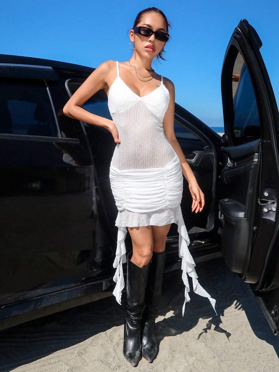 SHEIN ICON 蕾丝镶边荷叶边细肩带连衣裙 春假演唱会服装