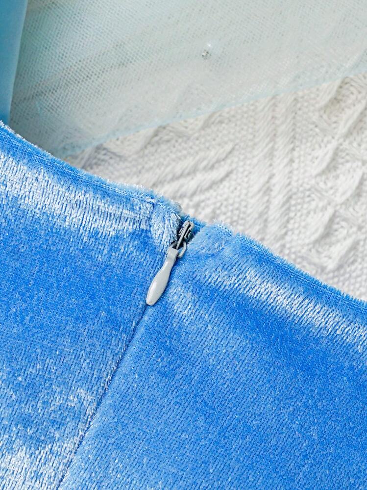 SHEIN Vestido Bodysuit de Tule com Decoração de Joias, Estilo Princesa Azul Beleza e Corte, para Bebê Menina - Azul - Visão 4