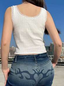 SHEIN Unity 女孩拼接花邊方領坦克上衣，適用於夏天 - 白色 - 查看 2