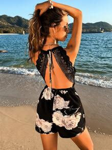 SHEIN VCAY Damen Blumenmuster Spitzen Patchwork Rückenfreier Halter Hals Jumpsuit