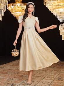 Modelyn Robe casual à taille resserrée par cordon femme, couleur unie. Robe de soirée élégante pour soirée, robes de soirée longues