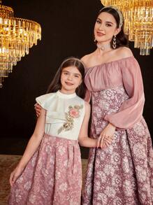 SHEIN Leap Crew 2 sztuki Tween Girl Casual Stand Collar Asymetryczna koszula z falbaniastym dołem rękawów i spódnica żakardowa - Brudny różowy - Zobacz 8