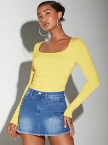 SHEIN BAE Women's Casual Solid Color Long Sleeve T-Shirt, Versatile For Winter - Yellow - View 5