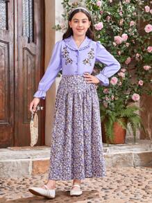 SHEIN Tween Girl Embroidered Ruffle Front Flounce Collar Shirt And Floral V-Shaped Waistband Long Skirt, And Matching Mommy And Me Outfits (2 Sets Are Sold Separately)