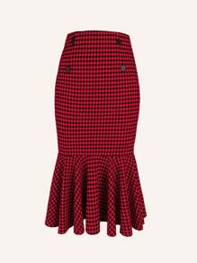 SHEIN Clasi 女性犬牙裝細身鱗魚裙 - 酒紅色 - 查看 1