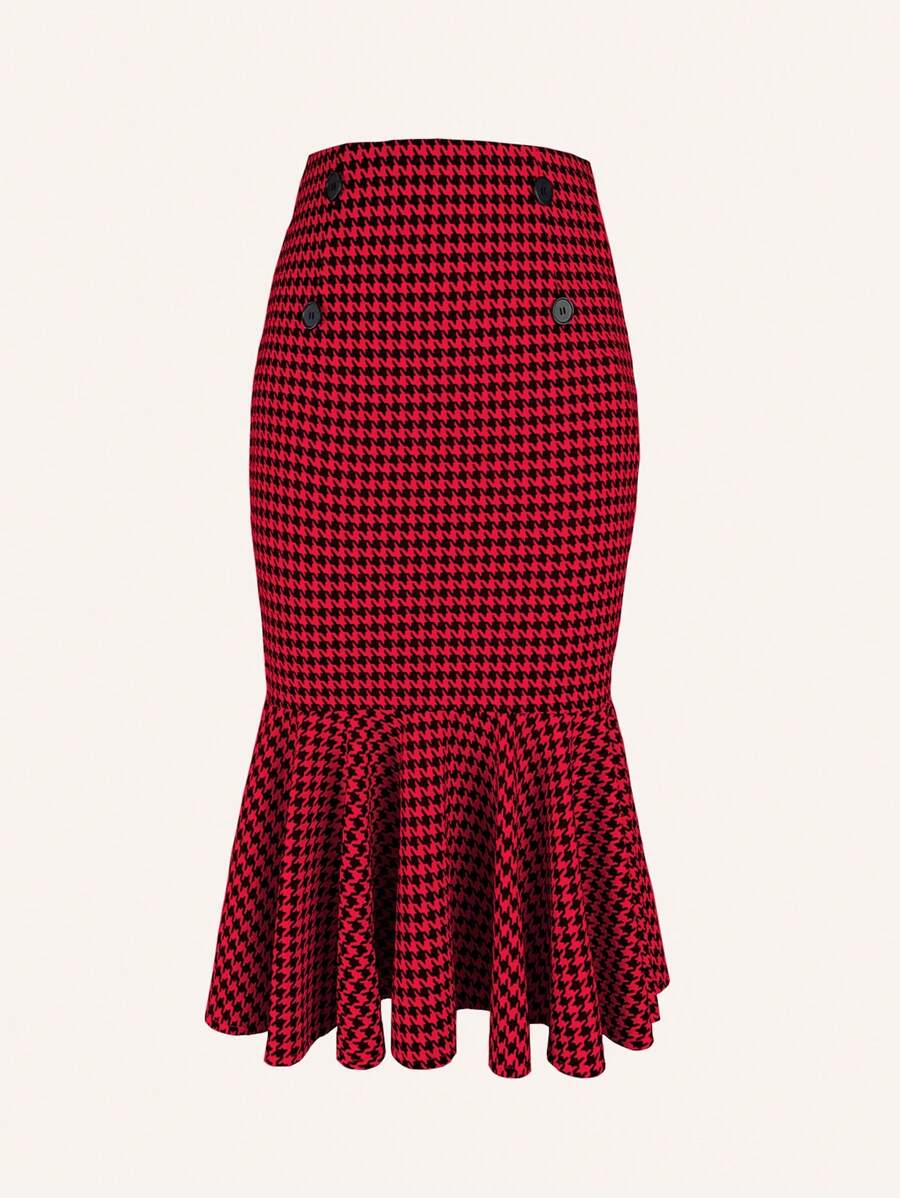 SHEIN Clasi 女性犬牙裝細身鱗魚裙 - 酒紅色 - 查看 1