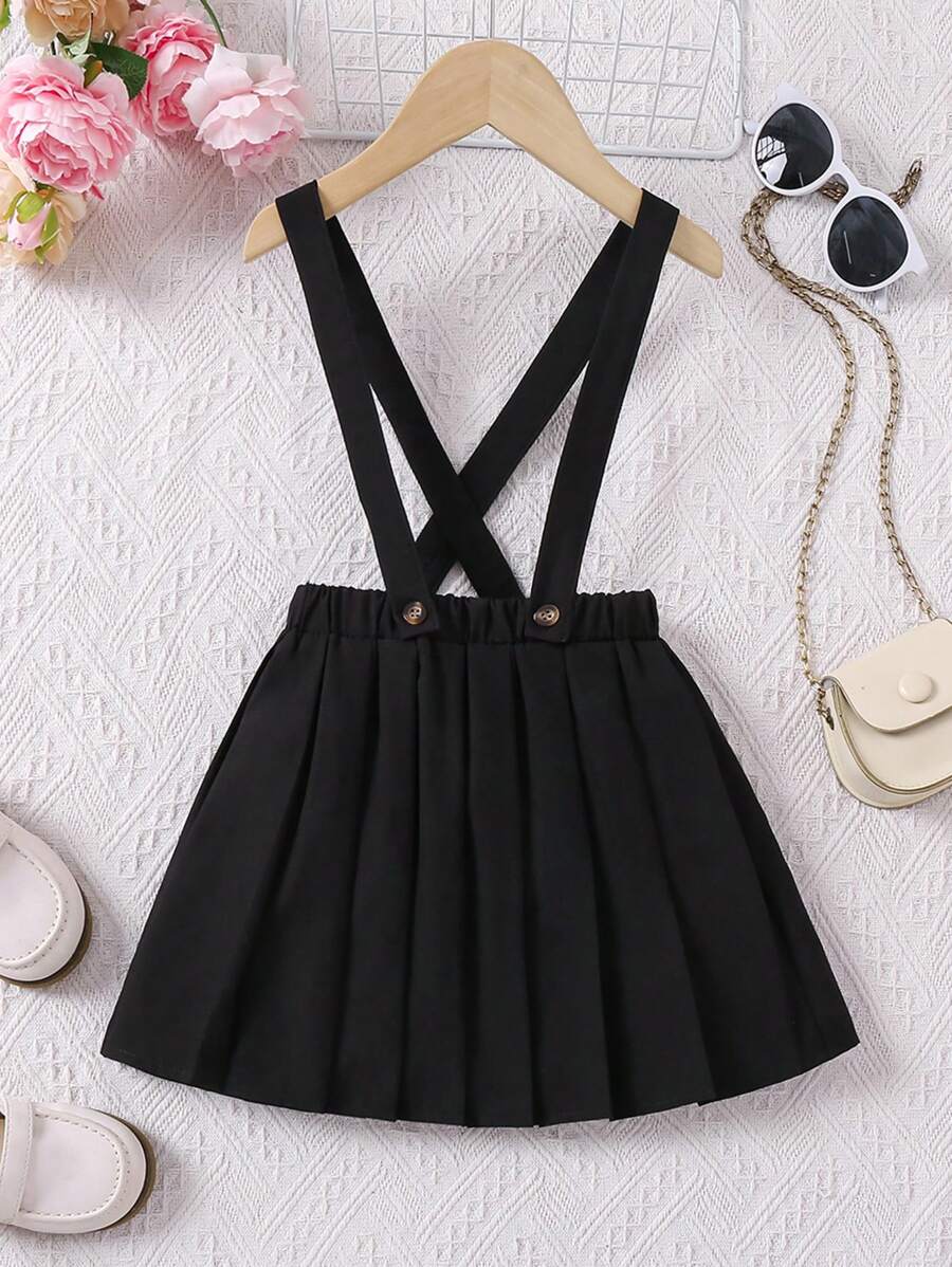SHEIN Elladie kids 1條年輕女孩優雅的純色百褶吊帶裙 - 黑色 - 查看 1