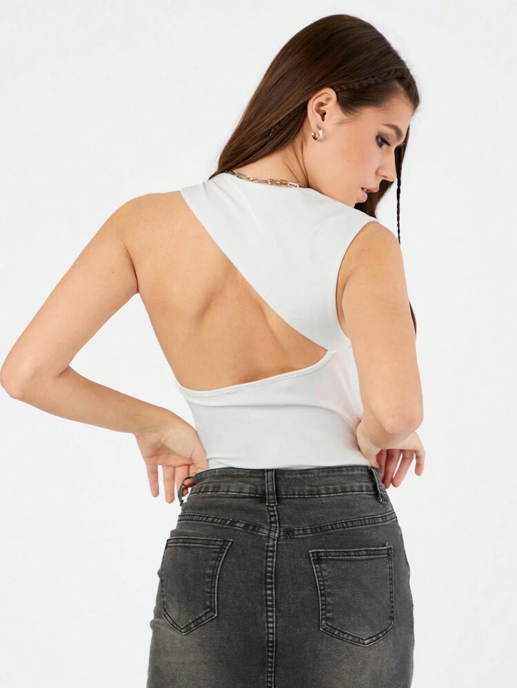 Women's Solid Color Asymmetrical Neck Sleeveless Top, Going Out Top