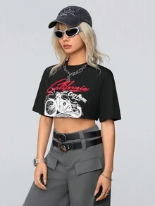 SHEIN Coolane Của phụ nữ Retro Xe máy In Mùa hè Áo phông Crop , Lý tưởng Đối với Âm nhạc Lễ hội - màu đen - Xem 4