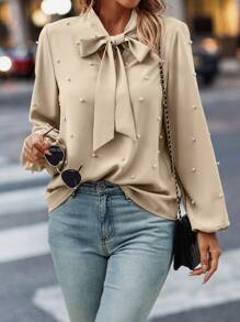 EMERY ROSE Tie Neck Pearls Beaded Lantern Sleeve Blouse - Apricot - View 5