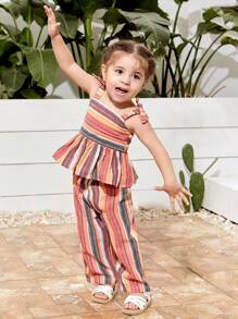 SHEIN Baby Girl Striped Cami Top With Elastic Waist Pants Set For Summer Vacation - Multicolor - View 3