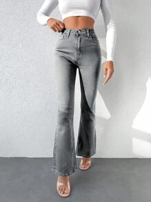 EURMUSE Khởi động Cắt Cao eo Denim Dài Quần - Xám - Xem 3