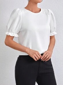 SHEIN Essnce Ladies' Solid Color Puff Sleeve Blouse,Short Sleeve Tops - White - View 3