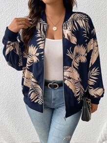 SHEIN Frenchy Übergroße Tropische Bedruckte Baseball Kragen Jacke - Blau - Übersicht 6