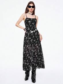 SHEINNeu Summer Women's Chiffon Floral Print Spaghetti Strap Black Dress - Multicolor - View 3