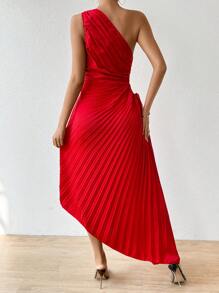 SHEIN Privé Vestido plisado asimétrico con cuello asimétrico y lazo lateral en unicolor - Rojo - Ver 2