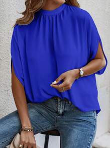 EMERY ROSE Tie Back Batwing Sleeve Solid Blouse - Royal Blue - View 5