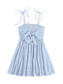 Soleia 女士單色紋理褶皺胸衣露背打結綁帶連褲裙 - 淺藍色 - 查看 2