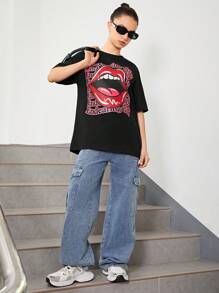 SHEIN Teen Girls' Casual Drop Shoulder T-Shirt With Big Mouth Printed, Round Neck - Black - View 5