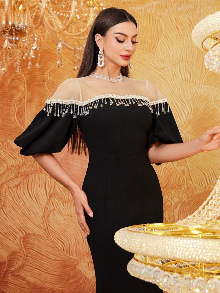 Women's Contrast Color Tulle Patchwork Fringe Lantern Sleeve Dress,Elegant Evening Party Dress Long Evening Dresses