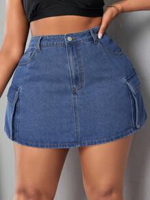 SHEIN SXY Kích thước lớn Denim Lỏng lẻo phù hợp Trang phục làm việc Váy mini Với Túi - Màu xanh lam - Xem 5