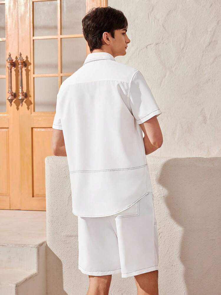 Men's Solid Color Knit Casual Shirt And Shorts Set