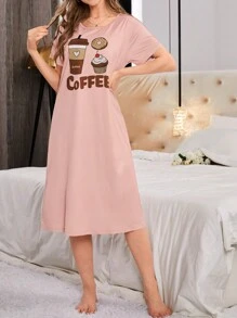 Ladies' Sleep Dress Pajama Dress With Cartoon Coffee & Snack Pattern, Moo Moo - Baby Pink - View 3
