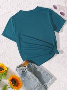 Tween Girl's Leopard Print Heart & Pink Flower Pattern Round Neck Short Sleeve T-Shirt - Teal Blue - View 2