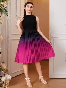 SHEIN Teen Girl Gradient Pleated Sleeveless Dress - Multicolor - View 1