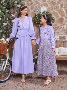 SHEIN Tween Girl Embroidered Ruffle Front Flounce Collar Shirt And Floral V-Shaped Waistband Long Skirt, And Matching Mommy And Me Outfits (2 Sets Are Sold Separately)