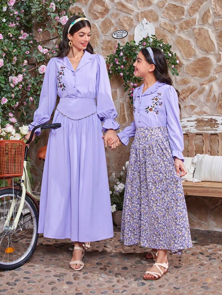 Tween Girl Embroidered Ruffle Front Flounce Collar Shirt And Floral V-Shaped Waistband Long Skirt, And Matching Mommy And Me Outfits (2 Sets Are Sold Separately)