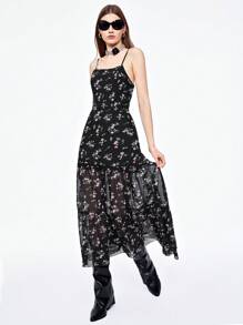 SHEINNeu Summer Women's Chiffon Floral Print Spaghetti Strap Black Dress - Multicolor - View 4