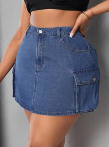 SHEIN SXY Kích thước lớn Denim Lỏng lẻo phù hợp Trang phục làm việc Váy mini Với Túi - Màu xanh lam - Xem 1