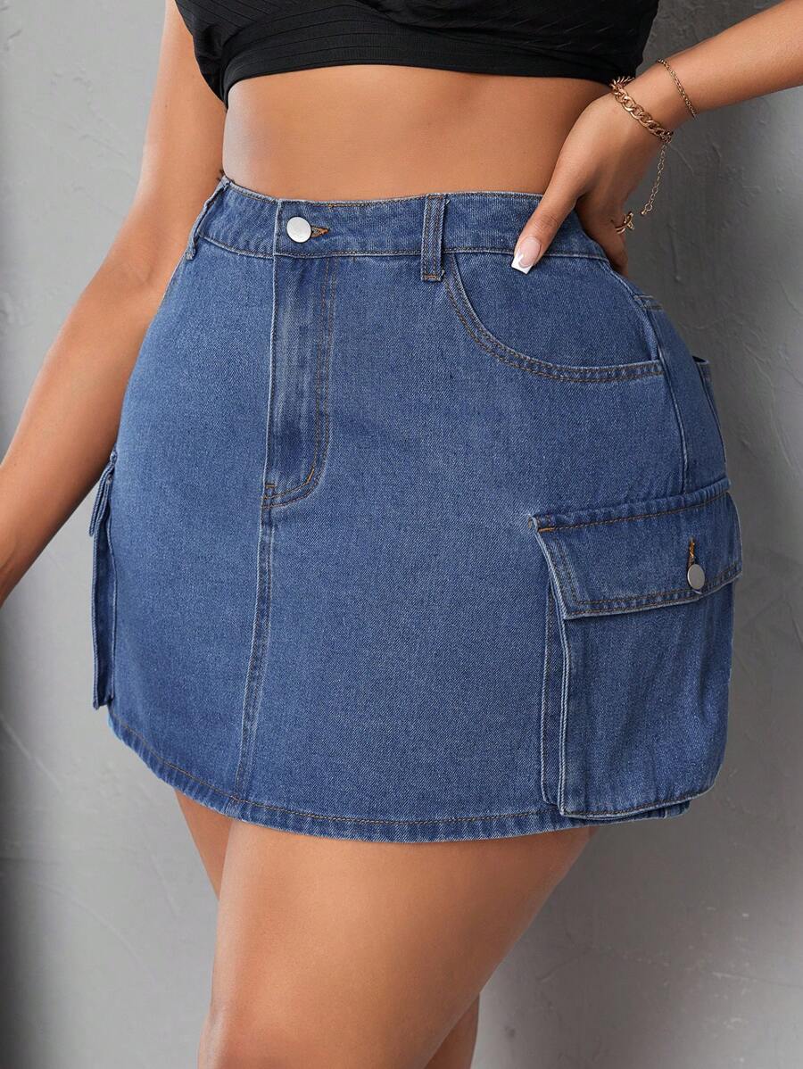 SHEIN SXY Kích thước lớn Denim Lỏng lẻo phù hợp Trang phục làm việc Váy mini Với Túi - Màu xanh lam - Xem 1