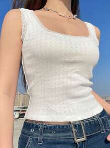 SHEIN Unity 女孩拼接花邊方領坦克上衣，適用於夏天 - 白色 - 查看 3